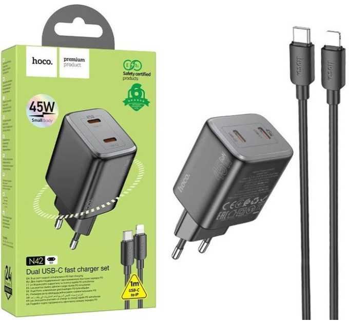 Зарядний пристрій N42 PD 45W + кабель Type-C to Type-C (чорний)