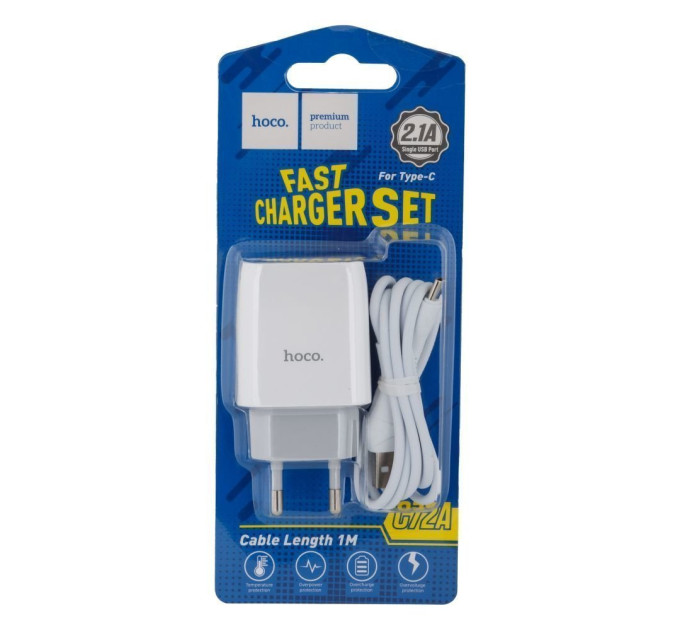 Зарядное устройство Hoco C72A + кабель Type-C, 5V, 2.1A White