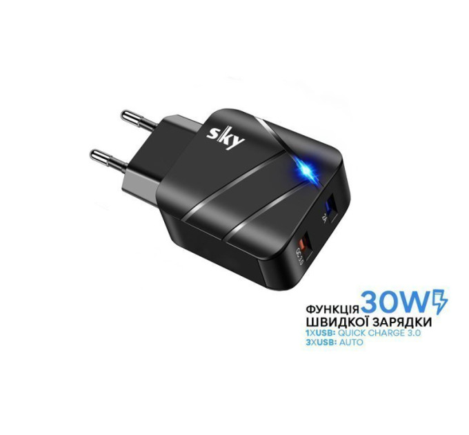 Быстрое зарядное устройство SKY - F02 (USB QC 3.0, USB) 30W черного цвета