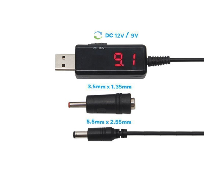 Кабель питания от Power Bank USB 5V - DC 9V/12V  универсальный для Wi-Fi роутера, повышающий с переключателем напряжения (3.5 х 1.35 и 5.5 х 2.55)